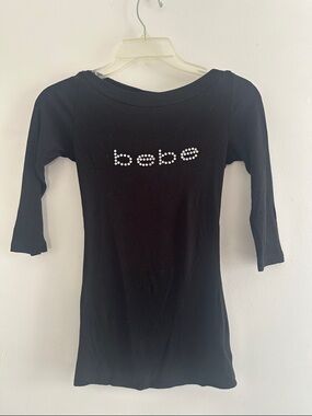 bebe Black Long Sleeve Top with Rhinestone Logo